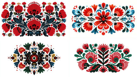 This shows a set of four decorative floral designs. These art pieces are created with a folk art style, containing red flowers and green and blue leaves on a white background.の素材