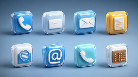 Several glossy application icons are arranged in a row on a blue surface. The icons represent telephone, email, chat, file, at sign, and number pad.の素材