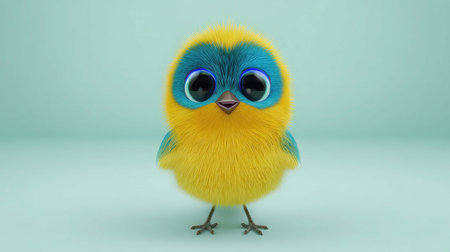 A charming, animated bird stands against a light blue background. The bird features yellow feathers on its body, a blue face, and large, expressive eyes. Its feet are visible as it stands attentively.の素材