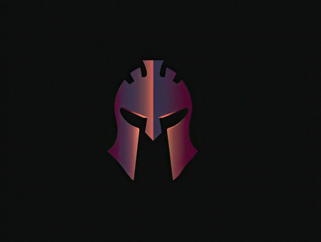 A stylized spartan helmet, depicted in a geometric style, stands against a stark black background. A gradient shading of purple and orange is used on the helmet, creating visual interest.の素材