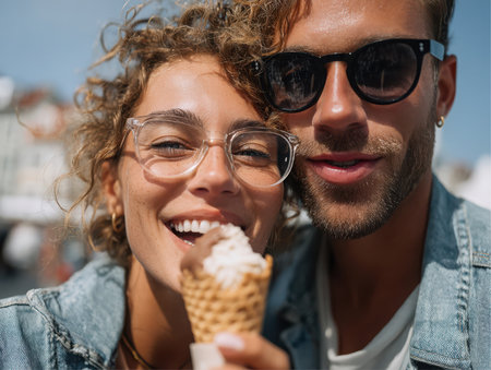 A smiling woman with glasses eats an ice cream cone, with her boyfriend with sunglasses beside her. Both are fair-skinned and wearing denim jackets. They are enjoying the weather outdoors.の素材