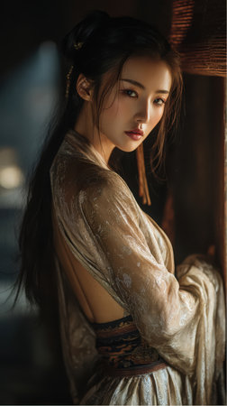 A fair-skinned woman with dark hair styled up is wearing an ornate, flowing, traditional East Asian dress. She is glancing back over her shoulder, her expression serious.の素材