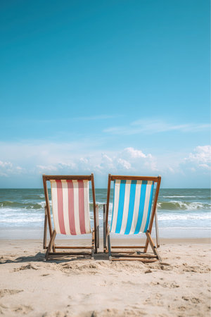 Two striped beach chairs sit side-by-side on a sandy beach facing the ocean. The sky is bright blue with fluffy white clouds. Waves are rolling in towards the shore.の素材