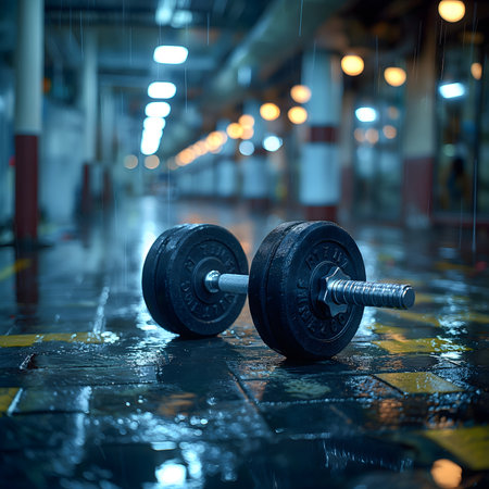 A singular black dumbbell rests on a wet, shiny tile floor with yellow safety stripes. It is raining inside the building. Lights illuminate the scene in the deserted gym.の素材