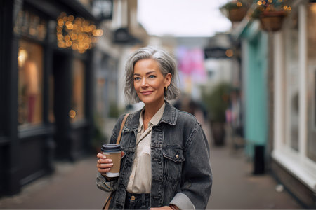 A mature woman with gray hair is walking on a street in England. She is holding a coffee cup and wearing a denim jacket. Shops are visible along the street.の素材