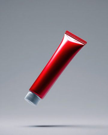 A shiny, bright red cosmetic tube hovers. The tube is full and appears to be for cream, lotion, or ointment. The background is solid light gray, highlighting the product.の素材