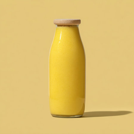 Bottle filled with blended drink stands centered on the yellow background. The drink is likely a healthy juice or smoothie, and the bottle is capped with a simple lid.の素材