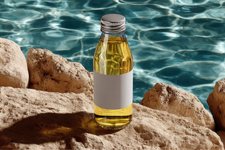 A clear glass bottle filled with yellow liquid stands on tan rocks. The bottle has a silver cap and a blank white label. Blue swimming pool water ripples in the background during daylight.の素材
