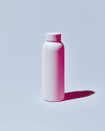 A light pink, reusable water bottle stands on a light blue surface. Bright pink light illuminates the right side of the bottle. The bottle casts a distinct shadow to its right.の素材