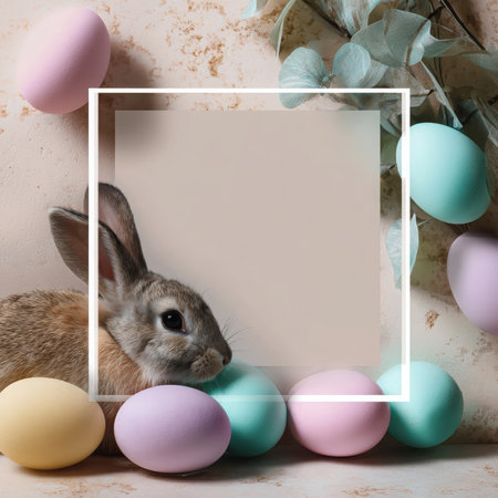 A brown rabbit sits near various pastel-colored Easter eggs with eucalyptus leaves on a soft beige textured background, enclosed by a white frame, creating a space for text or design.の素材