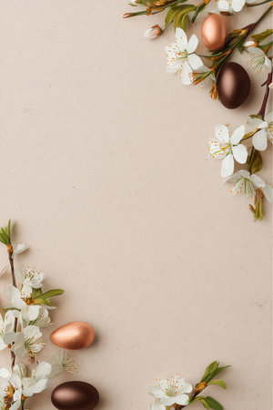 White blossoms adorn the beige backdrop, complemented by bronze and brown Easter eggs. It evokes a feeling of springtime and renewal.の素材