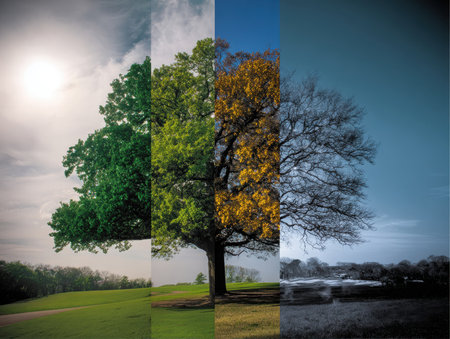 A single tree is divided into four sections, each representing a different season summer, spring, fall, and winter. The surrounding landscape changes according to the season.の素材