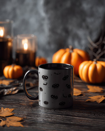 A decorated mug sits on a dark wooden surface. Pumpkins, candles, and autumn leaves are scattered around it, creating a festive Halloween atmosphere indoors.の素材