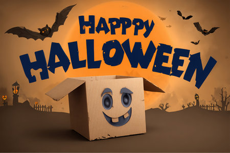 A Halloween greeting displays blue lettering above a smiling cardboard box figure with a drawn face. Bats fly in front of a full moon. Jack-o'-lanterns and bare trees complete the spooky background.の素材