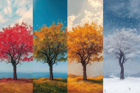 A single tree showcases the changing seasons. Its leaves shift from red in autumn to bare in winter. Snow falls on the ground, transitioning to green grass in spring and orange in summer.の素材