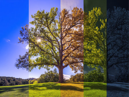 A large tree is depicted through the four seasons of the year. Spring, summer, autumn, and winter are represented side by side, showing the life cycle of the tree.の素材