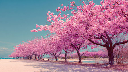 A straight row of flowering cherry trees creates a beautiful landscape in Spring. The pink blossoms stand out against the serene sky. People may stroll along the path enjoying the nature.の素材