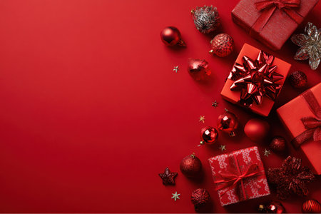 A selection of red and silver Christmas ornaments and wrapped presents are scattered on a bold red surface. Golden stars add sparkle to the holiday display, leaving space for text.の素材