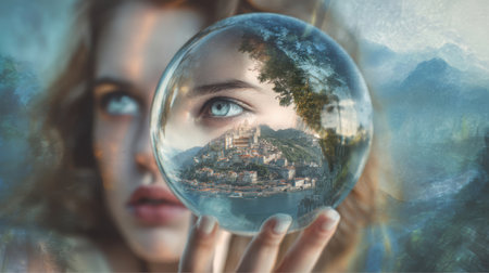 A young woman with blue eyes and light hair holds a crystal ball. Within the sphere, a European city on the coast nestles against mountains, creating a dreamy and ethereal effect.の素材
