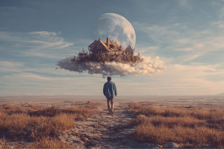 A man in blue shirt walks across a barren, dry landscape. In the distance, a rustic house rests on a fluffy white cloud with the Full Moon behind it.の素材
