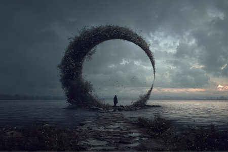 A lone person stands on a rocky pathway looking toward a portal made of dark particles near a large body of water under an ominous sky. The atmosphere seems moody and contemplative.の素材