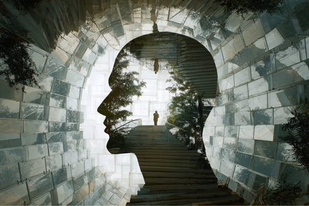 The design features a double exposure effect. A side profile of a human face is filled with an outdoor staircase leading up to a person standing at the top, framed by trees.の素材