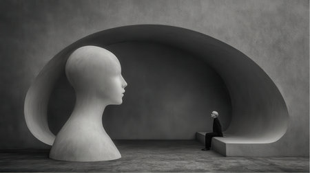 A man sits on a built-in bench within a curved architectural space, facing a large sculptural head. The monochrome setting and stark design evoke introspection and contemplation.の素材
