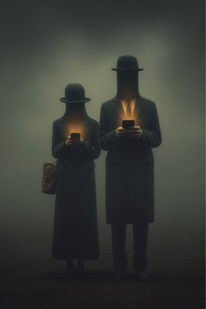 In a dark, foggy setting, two figures, dressed in coats and hats, stand side-by-side, each holding a glowing smartphone. The light from the screens illuminates their faces.の素材