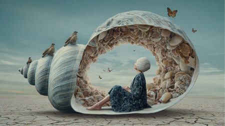 A person wearing a dress and cap sits inside a giant seashell filled with smaller shells. Several small birds perch on the outside of the shell while butterflies flutter around.の素材