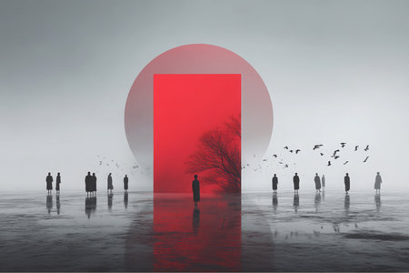 In a surreal vista, several dark robed figures stand on a reflective dark surface facing a bold red rectangle partially obscuring a light red circular shape and a leafless tree. Birds fly overhead.の素材