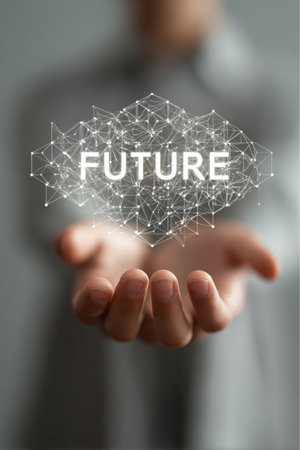 In a close-up, a person extends their hands, presenting a glowing, networked structure. The word FUTURE is prominently displayed within the network, symbolizing advancement.の素材