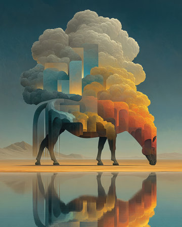 An artistic representation of a horse stands on a sandy plain with a reflective surface of water.の素材