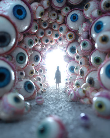 A lone figure stands in bright light at the end of a dark, surreal tunnel. The tunnel walls are formed from countless eyeballs of varying colors, creating an unusual and unsettling landscape.の素材