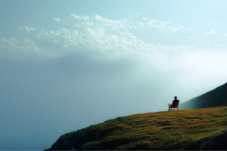 A solitary person sits in a bright red chair atop a grassy hill, gazing out towards the sea. In the distance are the misty Mountains of Mourne in County Down, Northern Ireland.の素材