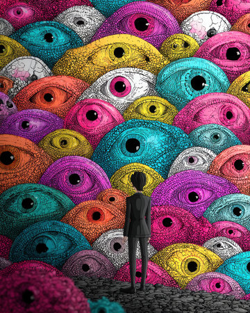 A person in a black suit is standing and facing a wall of many colorful eyes. The background is filled with vibrant, patterned eyes of various sizes and hues.の素材