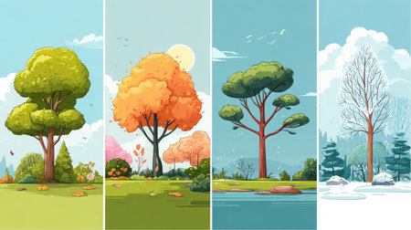 Artwork illustrates trees in four distinct seasons. Spring features green leaves and flowers, Summer showcases dense foliage, Autumn displays orange leaves, and Winter shows bare branches in snow.の素材