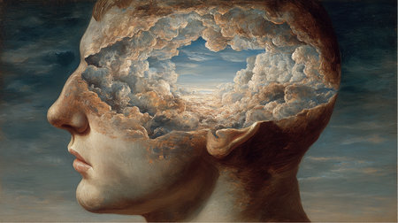The artwork depicts a human profile with a hollowed head space filled with fluffy white clouds and a small patch of blue sky. It creates a surreal and thought-provoking metaphor about imagination.の素材