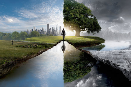 A man walks toward a tree and sunlight, away from a city skyline. The land is split, reflecting two different environments in the water, representing nature versus urban development.の素材