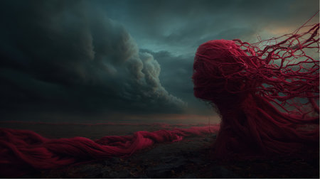 A red, abstracted female profile stands near the ground as her hair turns into tree branches against a dark stormy sky. Waves of red stretch out across the landscape in the distance.の素材