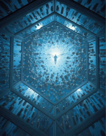 A winged figure is ascending toward a glowing light. The surrounding area contains floating debris in a geometric structure with blue lighting, creating an ethereal atmosphere.の素材
