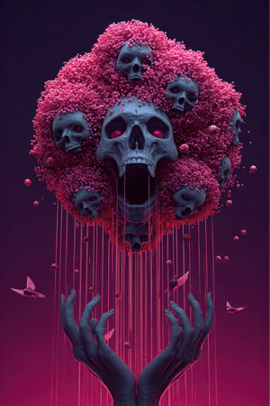 A human skull with red eyes and open mouth sits within a pink coral-like formation, surrounded by smaller skulls. Hands reach up as strings and elements fall from above.の素材