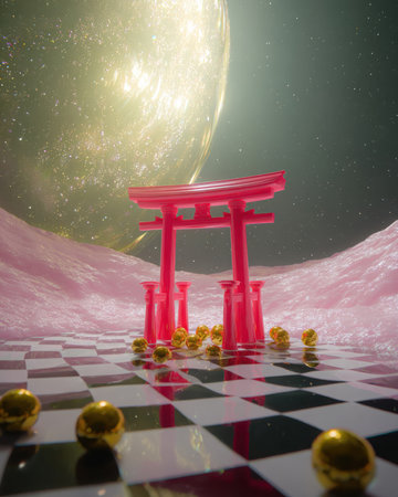 Pink Torii & columns on reflective chessboard. Golden spheres, pink mountains, bright moon. Surreal night.の素材