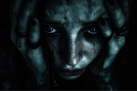 A haunting view of a woman's face, her pale skin marked and her eyes filled with anguish. She holds her head in her hands, showcasing dark makeup. Her expression conveys deep distress.の素材
