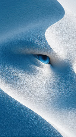 A single bright blue eye is visible, partially obscured by what appears to be white snow or sand, creating an intriguing and surreal close-up view in an outdoor location.の素材