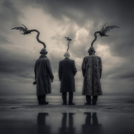 Three figures in coats stand on a beach with stormy clouds above. From their heads emerge snake-like forms with small, bat-like creatures on the ends. The landscape is desolate and reflective.の素材