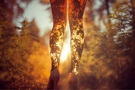 Waist down view features legs in fishnet stockings and high heels standing between marijuana plants in a hazy forest. The sun shines through the plants and stockings.の素材