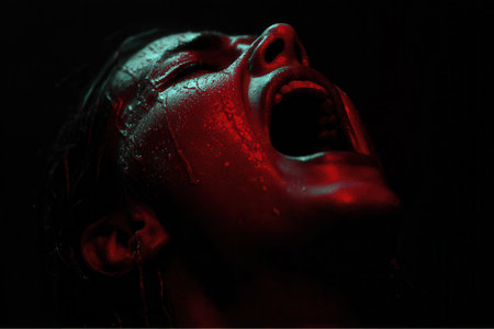A person's face is illuminated by red light while screaming upwards. The skin appears wet, contributing to the feeling of anguish and distress. The background is black, focusing attention on the face.の素材