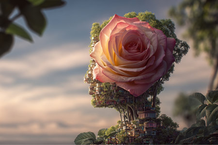 A surreal artwork shows a silhouette of a human head filled with tiny houses and trees. A large pink and yellow rose is positioned as the head, set against a blurred, serene sky.の素材