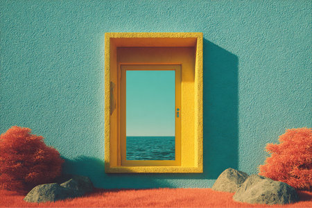 A yellow door is on a blue textured wall. Outside the door is an Ocean view. Rocks and red plants are in front of the wall on the red ground that looks like grass, with the sun shining.の素材