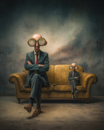 Two bald men, wearing suits and goggles, sit on a yellow leather sofa. The background is a blurry dark grey. The first man sits prominently in the front and the second sits further back.の素材